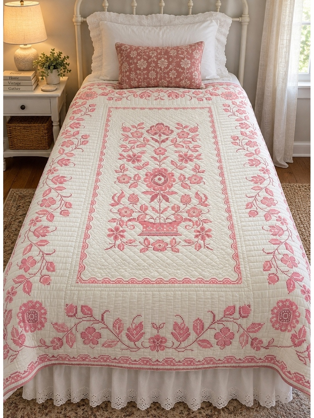Vintage Handmade Pink Flora Hand Cross Stitch Hand Quilted Twin Quilt (cp21/tb1)